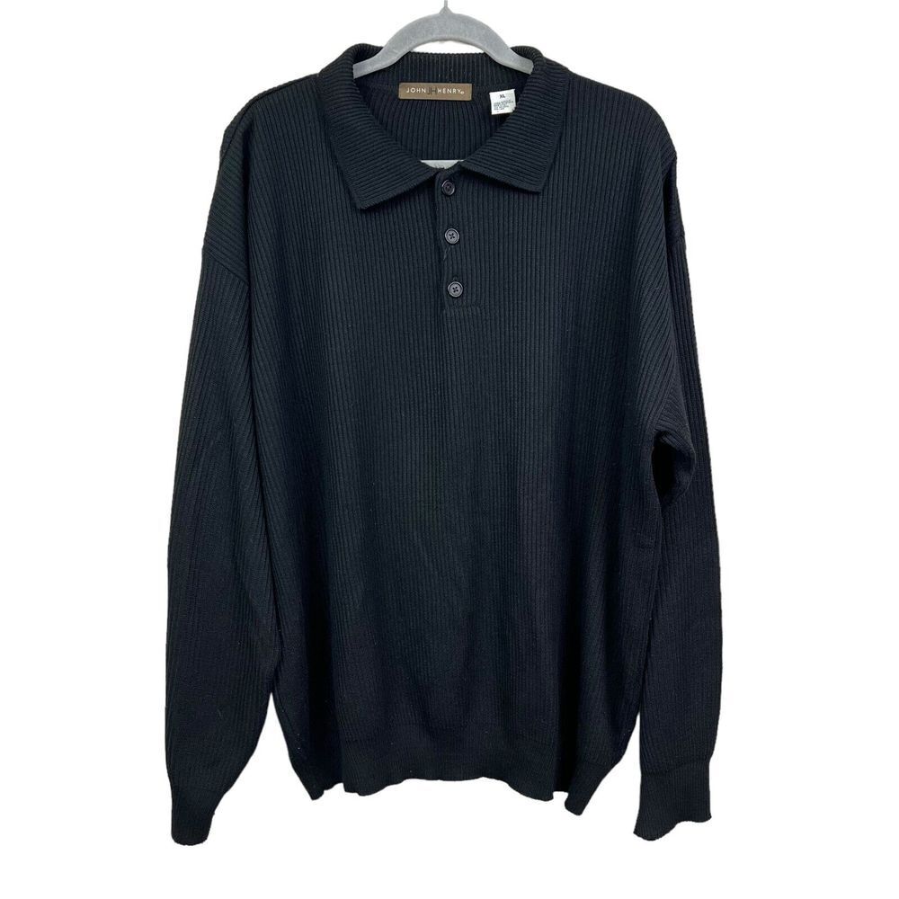 John Henry Mens Knit Sweater Collared Ribbed Button Stretch Black Size XL*